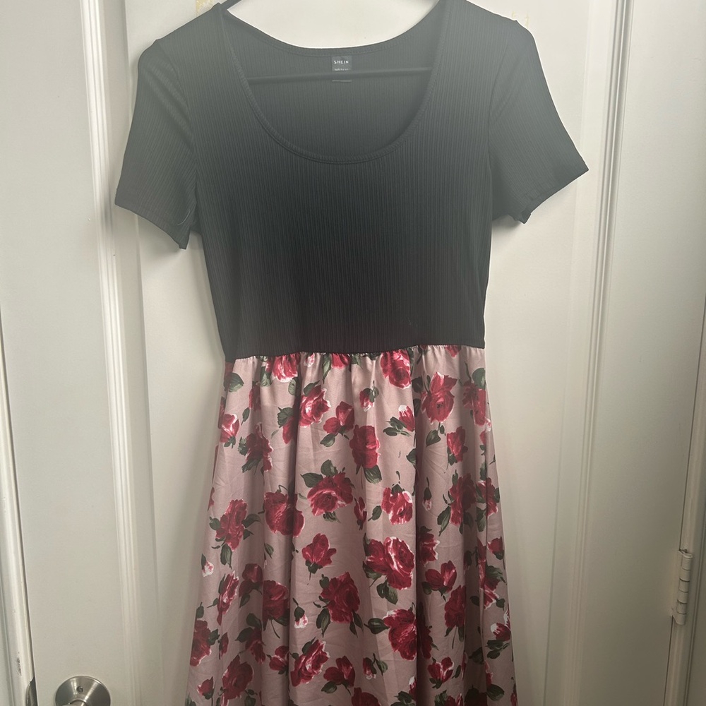 SHEIN Black and Pink Floral Midi Dress